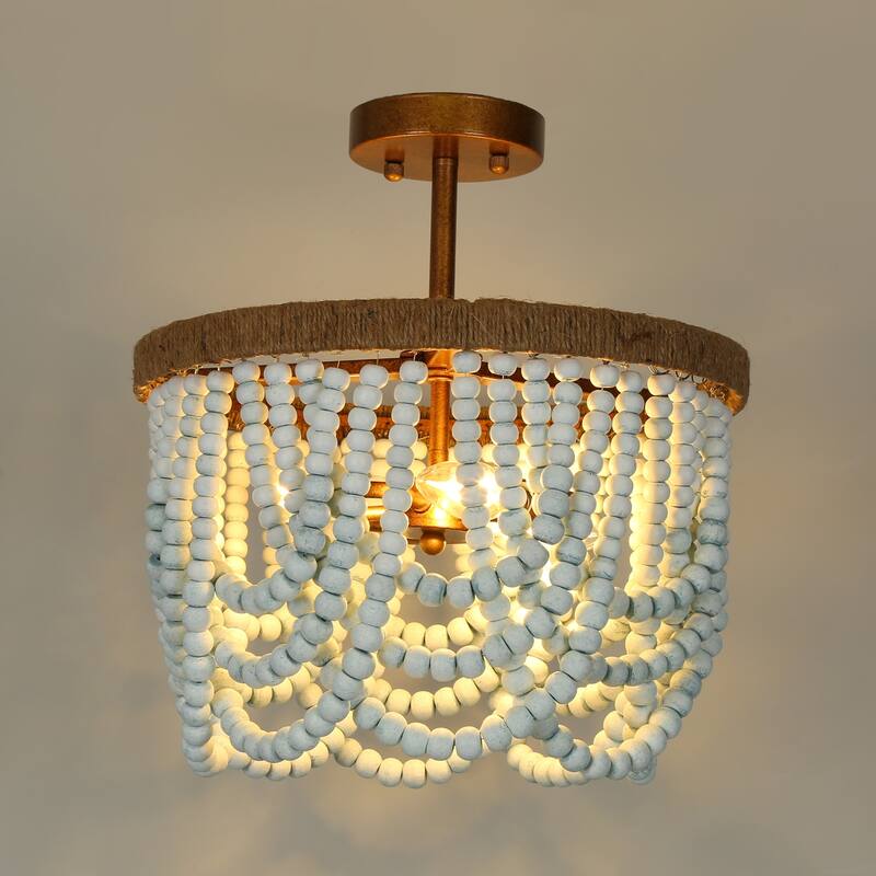 Renia 14.5'' Beaded Wood 3-light Semi-flush Mount Gold Draped Ceiling Lights with Hemp Rope Bedroom Hallway Foyer