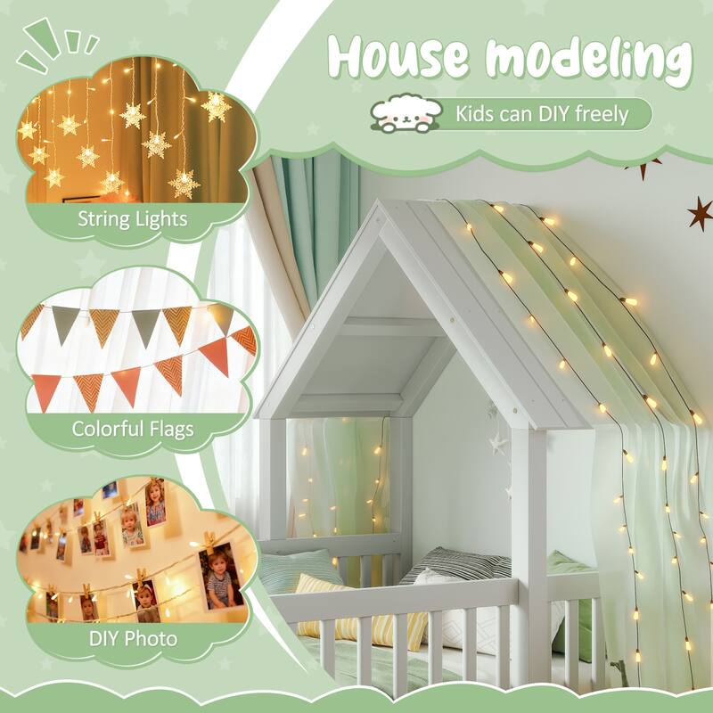 Twin Size House Floor Bed, Double Twin Floor Bed with Door and Full-length Guardrails, Multi-function Design