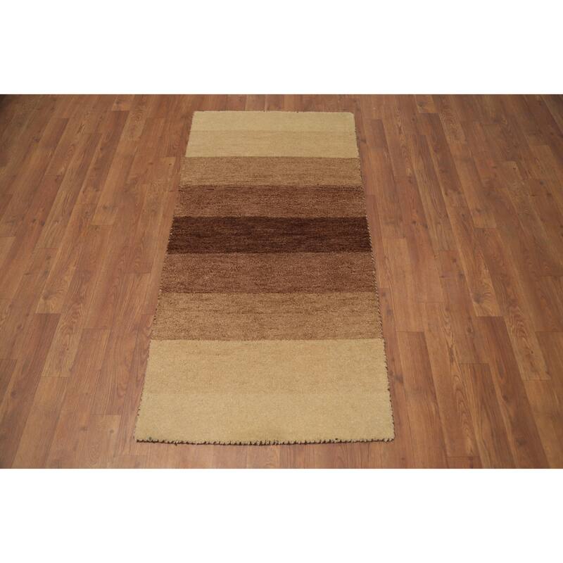 Hand Knotted Oriental 100% Wool Carpet Modern Stripe Brown Gabbeh Area Rug - 4' 5'' X 2' 3''