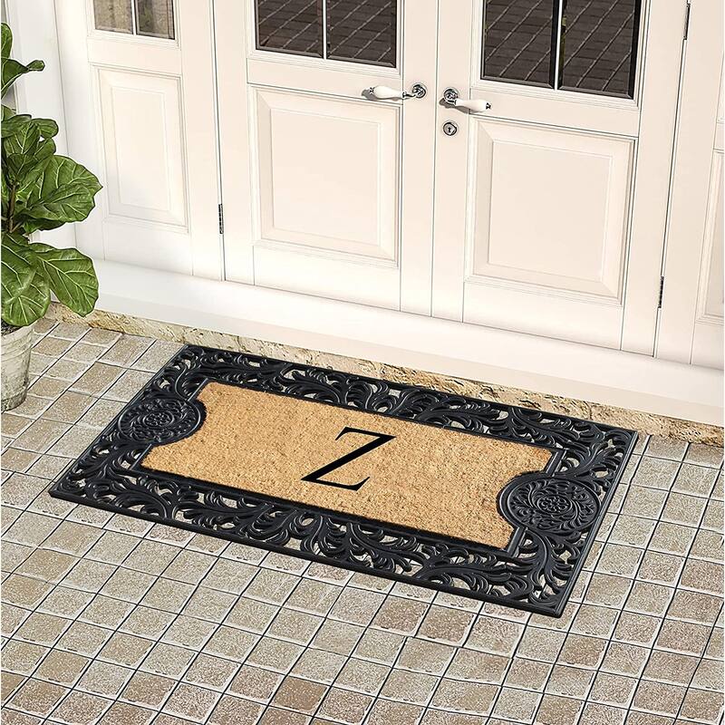 A1HC Floral Border Rubber and Coir Large Outdoor Durable Monogrammed Doormat, Black - 23" X 38"