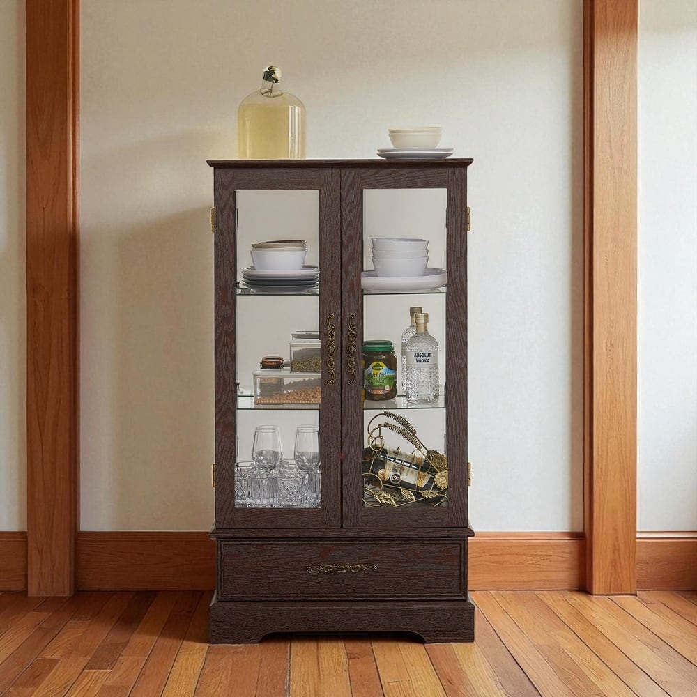 Lighted Glass Curio Cabinet with Adjustable Shelves, 2-Door Display Cabinet with Drawer and Built-in Bulb, Retro Accent Storage