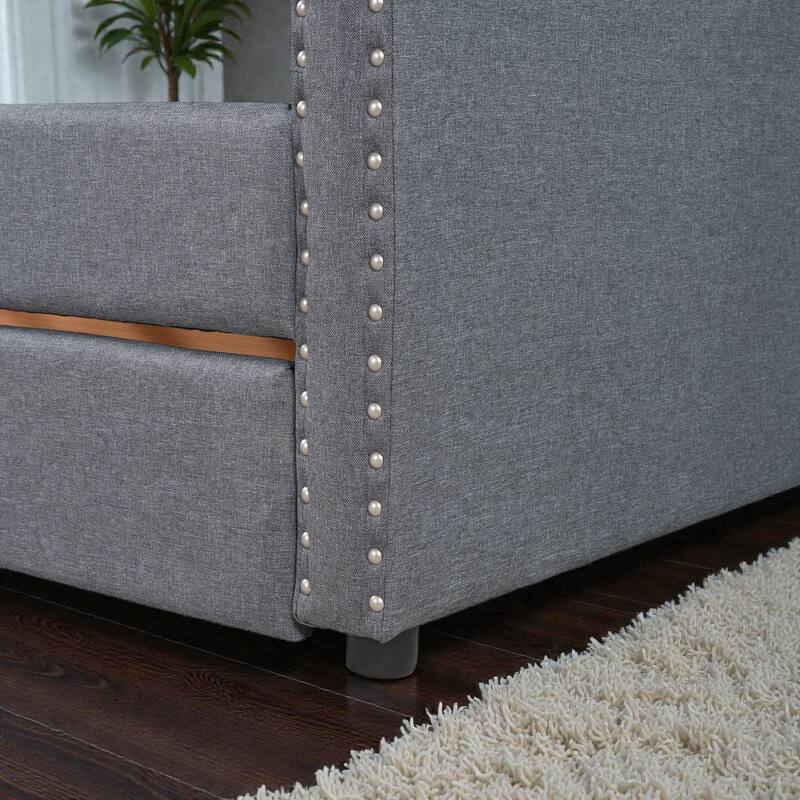 Upholstered Twin Size Daybed with Two Storage Drawers, Linen Fabric Daybed Frame with Wood Slat Support