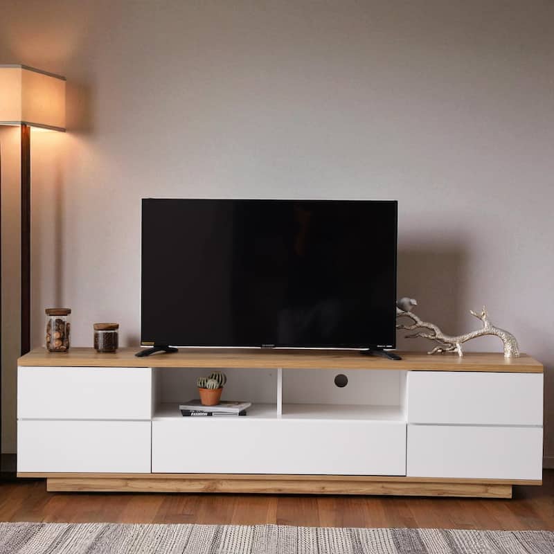 Modern 80 Inch TV Stand with Storage, Media Entertainment Console with Door Rebound Device and 8 Compartments - White