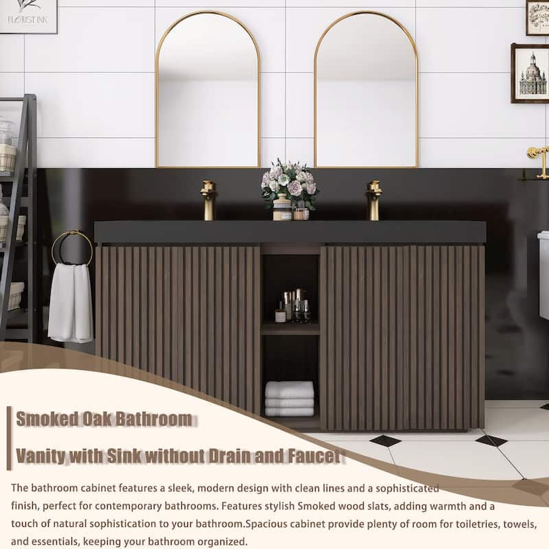 59.6'' Freestanding Bathroom Vanity with Black Integrated Solid Surface Sink in Smoked Oak - 59.49'' x 19.11'' x 36.45''