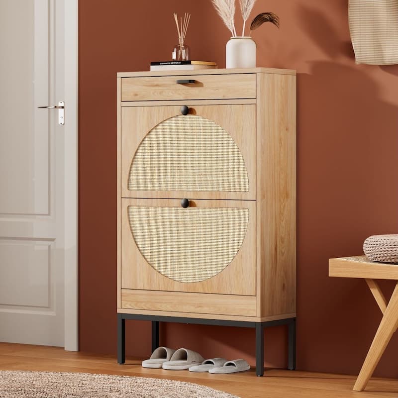 Boho Natural Rattan Shoe Storage Cabinet - Semicircular - Nature