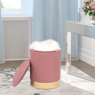 Adeco Round Storage Ottoman Footrest Stool Velvet Gold Plating Base