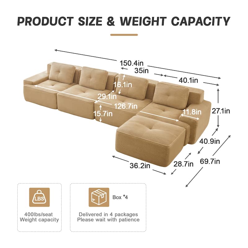 Roomfitters No Assembly Modular Sofa, 117 Inch Corduroy 3-Seater with Piping, Camel