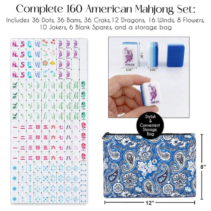 Sweet Jojo Designs American Mahjong Tile Set (160pc) 1.25in. Layered Acrylic with Paisley Travel Bag - Beautiful Luxury Blue