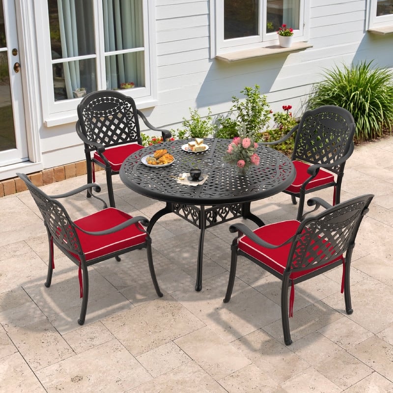 5/7-Piece Cast Aluminum Outdoor Dining Set with 48.03 in. Round Table and Cushions - Black(5-Piece Sets-B)