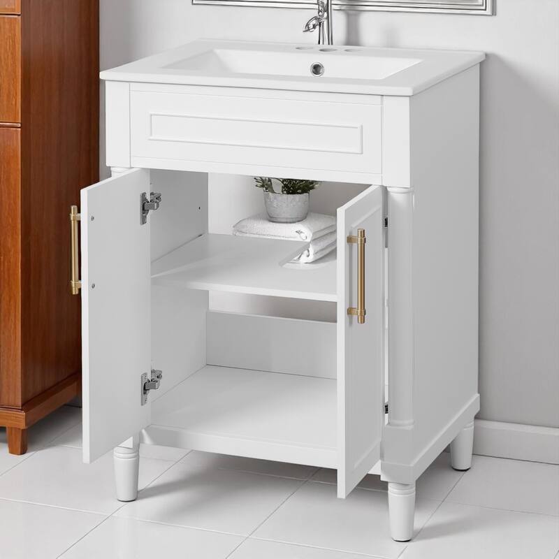 24" Bathroom Vanity with Ceramic Sink - Compact Cabinet with 2 Doors, Adjustable Shelf, Solid Wood Frame, Soft-Close Hinges