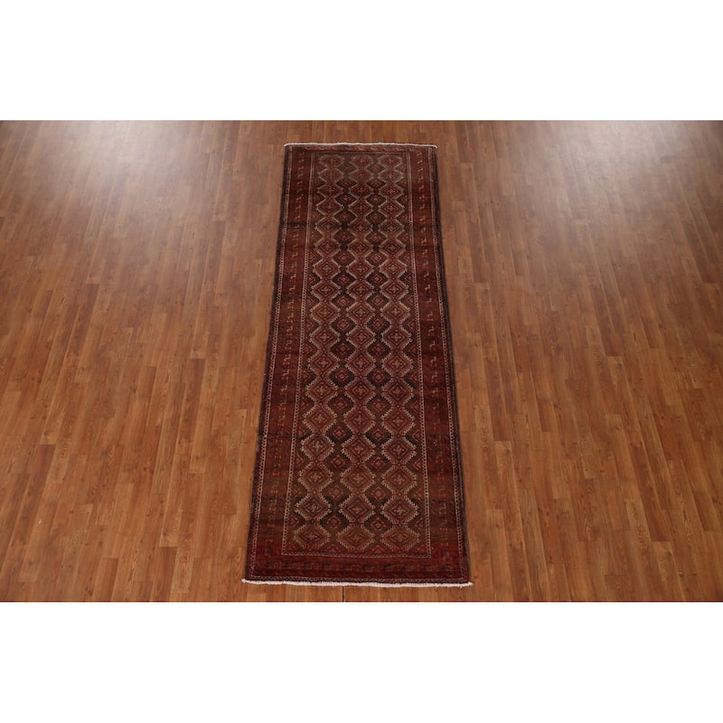 Geometric Balouch Persian Vintage Runner Rug Handmade Wool Carpet - 3'3"x 9'5"