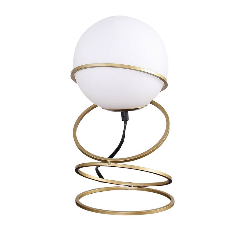 Table Lamp, White Glass Globe, 4 Spiral Ring Accented Base 14 Inch