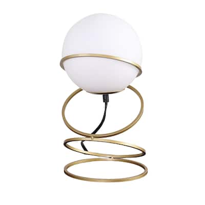 Table Lamp, White Glass Globe, 4 Spiral Ring Accented Base 14 Inch