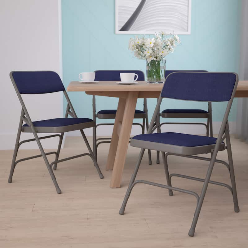 4 Pack Curved Triple Braced & Double Hinged Metal Folding Chair - Navy Fabric/ Grey Frame