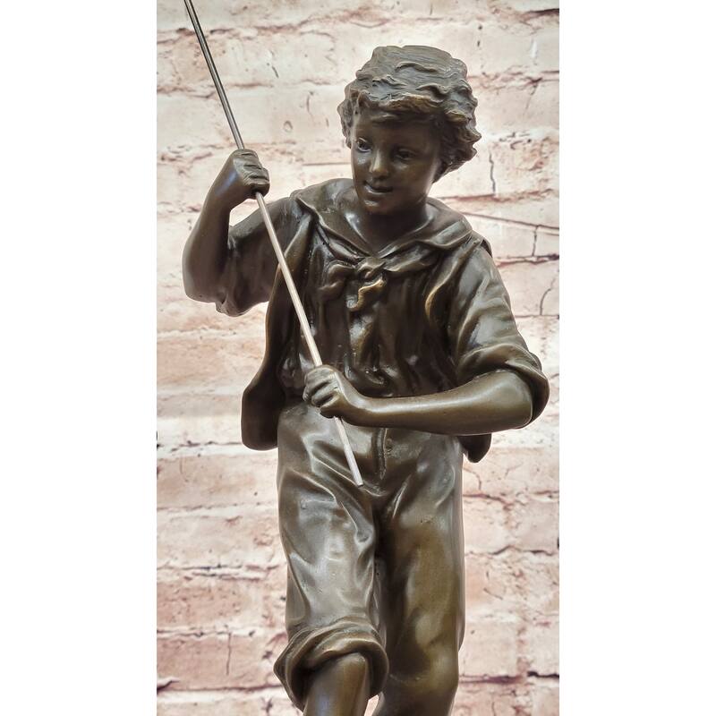 Bronze Sculpture Of A Boy Fishing By Rancoulet - Handmade Statue On Marble Base