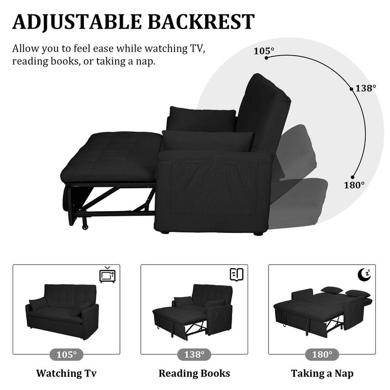 Black Convertible Sofa Bed Convertible Sofa Bed with Armrests, 2-Seater Sofa Couch for Living Room Bedroom