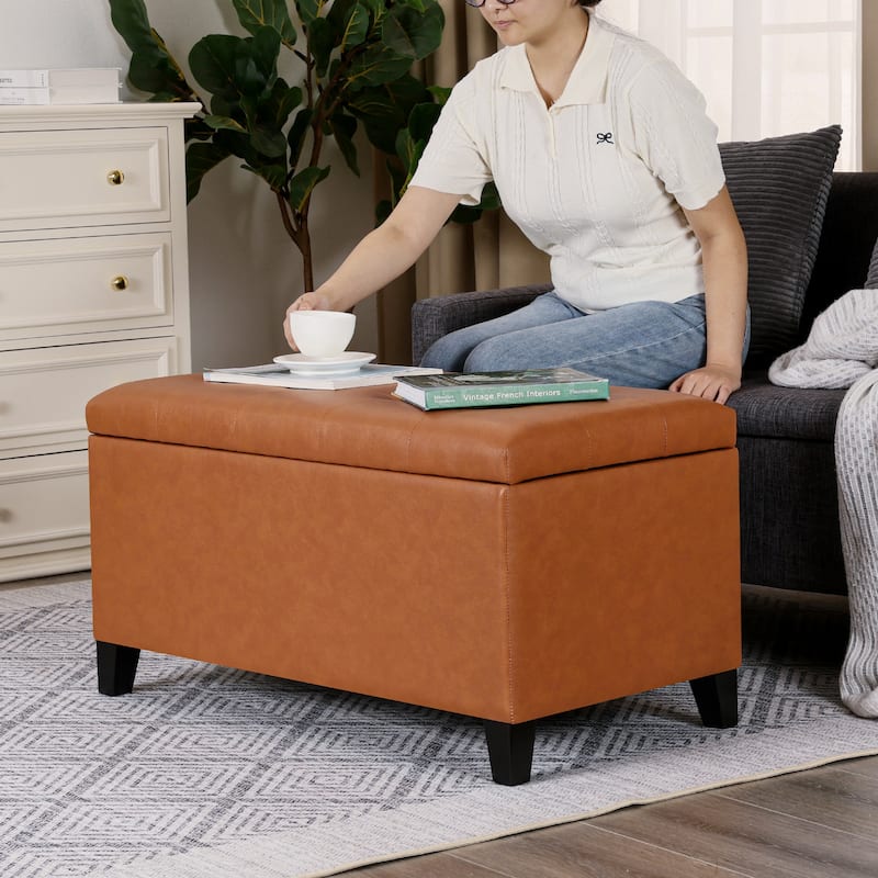 Adeco Rectangular Storage Ottoman Faux Leather Bench Lift-top Footrest