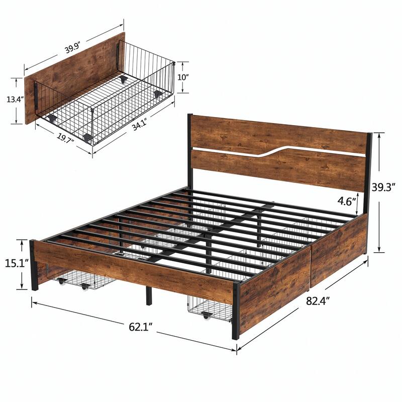 VECELO Upholstered Platform Bed Frame with 4 Storage Drawers, Full/Queen Size