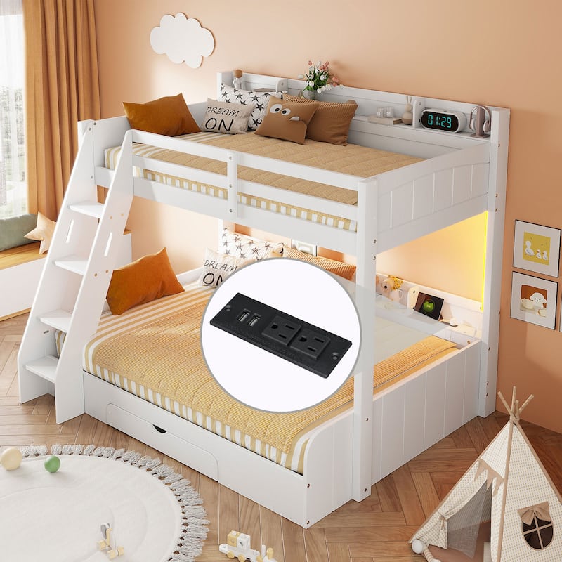 GDFStudio - Wood Twin over Full Bunk Bed with Storage, Drawer, LED & Charging Station