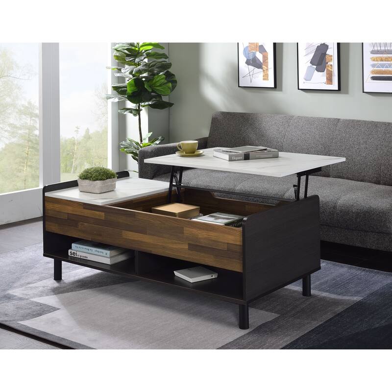 Rectangular Coffee Table With Printed Faux Marble Table Top, Walnut & Black Finish Coffee Table w/ Lift Top - Marble+Walnut