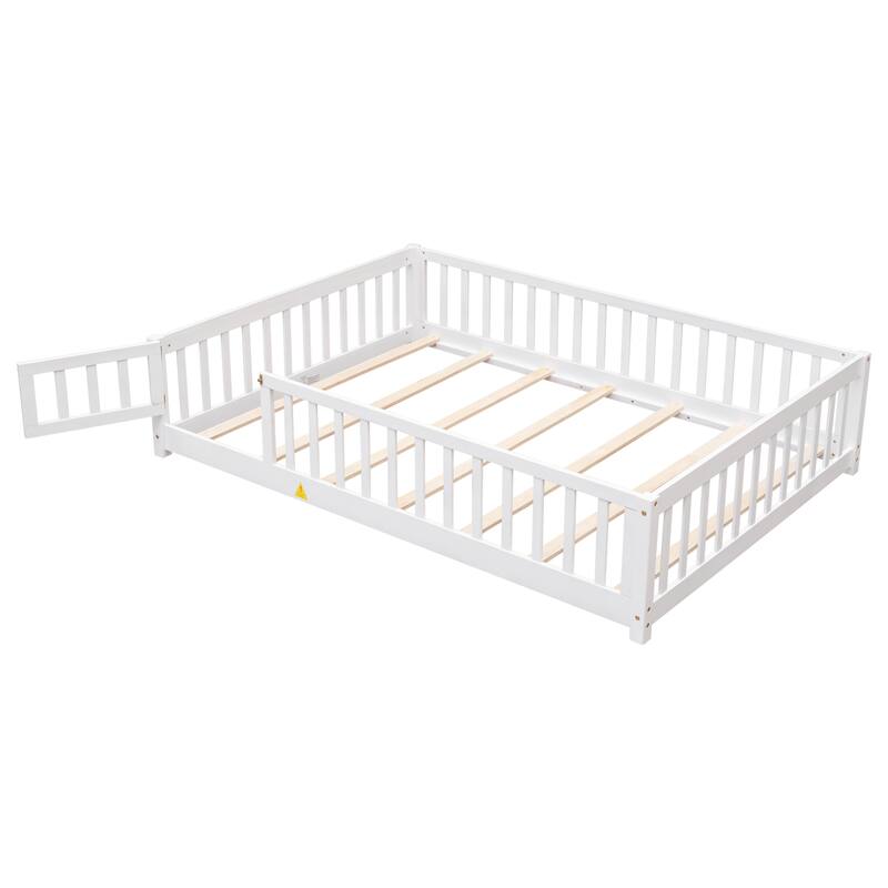Full size Floor Platform Bed with Fence and Door, White
