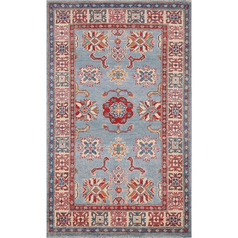 Light Blue Geometric Kazak Accent Rug Hand-Knotted Wool Carpet - 2'11" x 4'11"