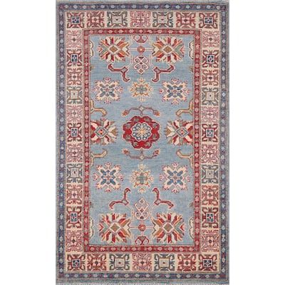 Light Blue Geometric Kazak Accent Rug Hand-Knotted Wool Carpet - 2'11" x 4'11"