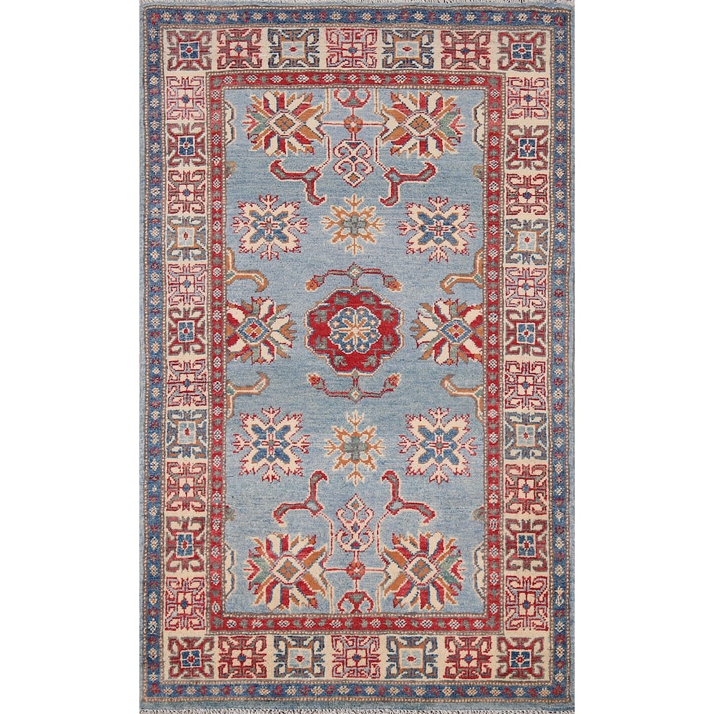 Light Blue Geometric Kazak Accent Rug Hand-Knotted Wool Carpet - 2'11" x 4'11"