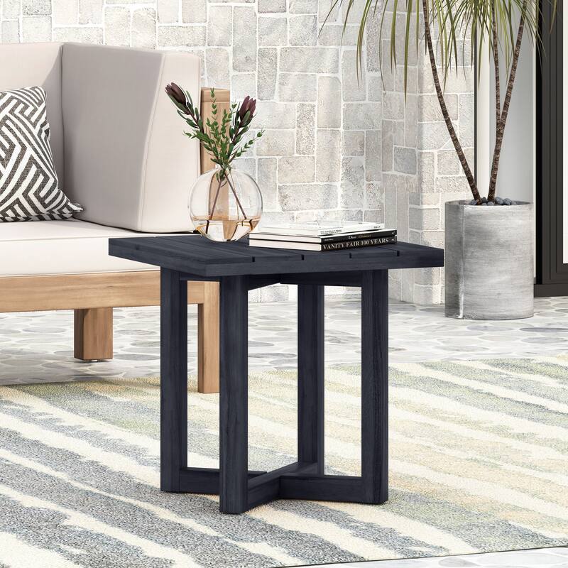 Roomfitters Ella Square Outdoor Side Table with X-Stretcher Base, Acacia Wood, Black - L 18.0" x W 18.0" x H 18.3"