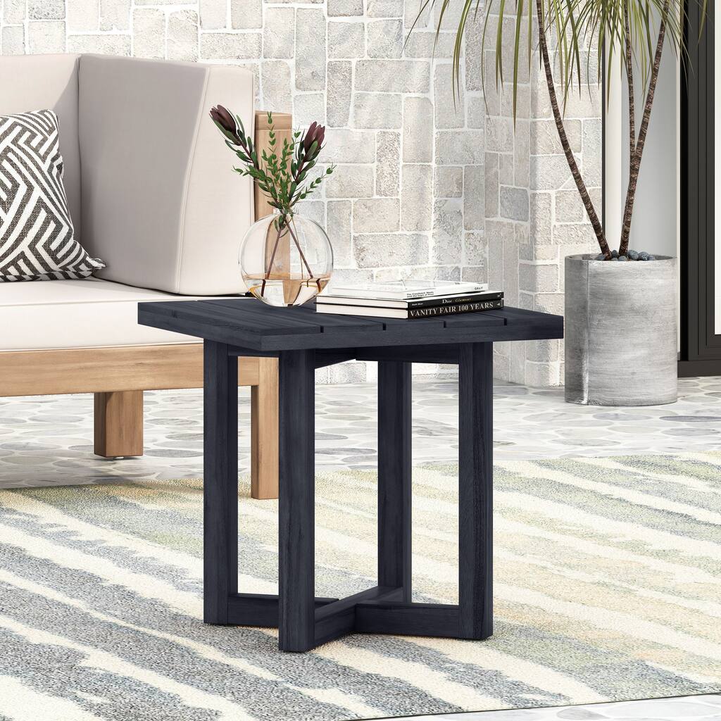 Roomfitters Ella Square Outdoor Side Table with X-Stretcher Base, Acacia Wood, Black - L 18.0" x W 18.0" x H 18.3"