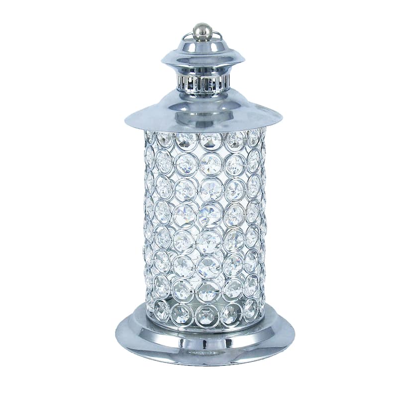 Silver Crystal Bead Hurricane Lantern Candle Holder Centerpiece 11in - 11" H x 5" W x 5" DP