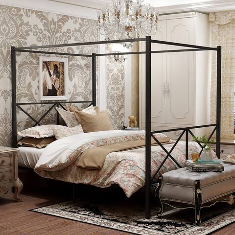 Black Metal Canopy Bed Frame Platform Bed Frame Queen with X Shaped Frame