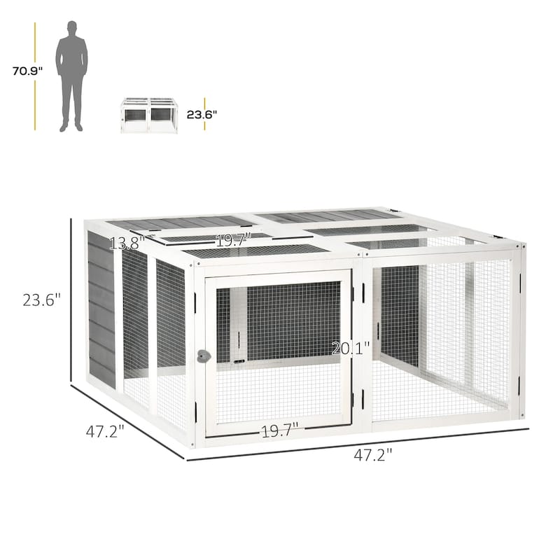 Grey Fir Wood Bunny Hutch with Metal Frame, Skylight & Foldable Roof - 47.2" L x 47.2" W x 23.6" H