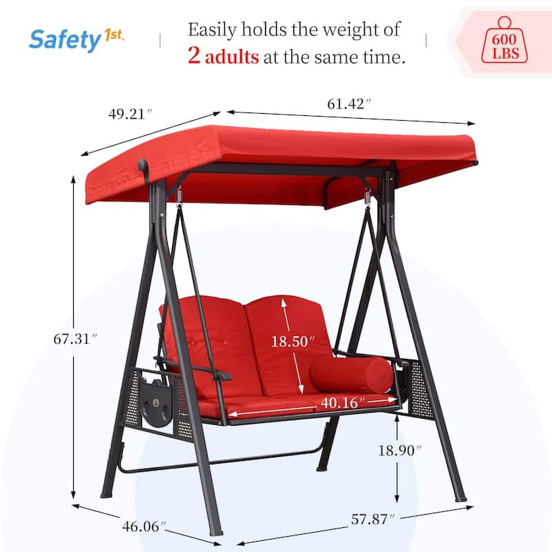 PURPLE LEAF 2-seat Outdoor Porch Swing with Adjustable Tilt Canopy and Stand