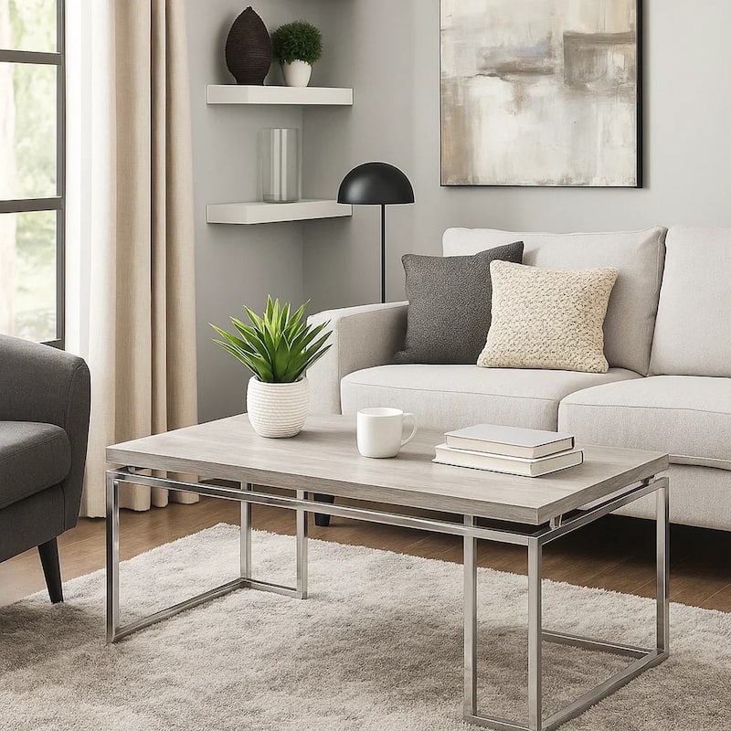 Coffee Table with Rectangular Tabletop and Metal Legs, Silver and Brown