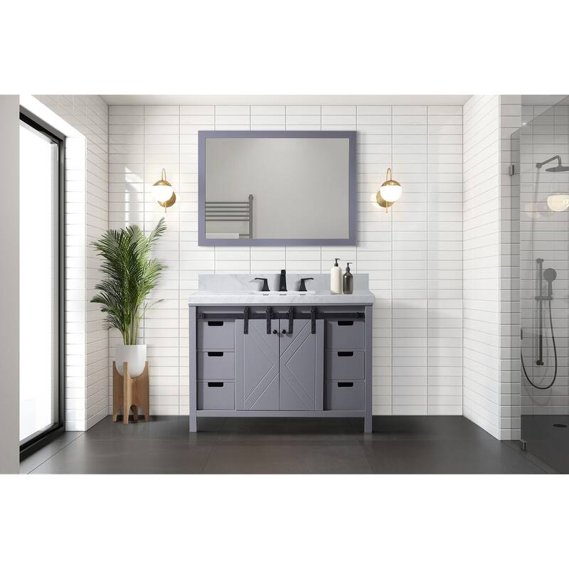 Marsyas 48 in W x 22 in D White Bath Vanity, Grey Quartz Countertop, Faucet Set and 44 in Mirror
