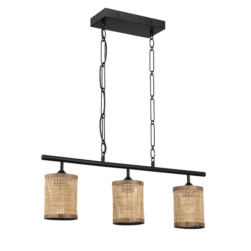 Three Lights Island With Natural Rattan Shade Farmhouse Chain Ceiling Lamp - Black,Rattan