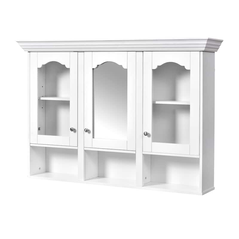 Bathroom Wall Cabinet with Mirror, Wall Mounted Bathroom Cabinet with Glass Doors, 3 Adjustable Shelves & 3 Open Compartments