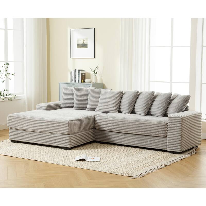 Gray 111" Corduroy L-Shaped Sectional Sofa with Left Chaise & 8 Pillows
