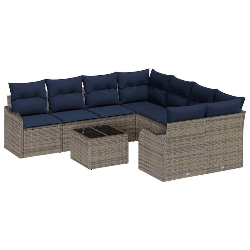 vidaXL 9 Garden Sofa Set with Cushions Black/Brown/Grey Poly Rattan - 91.5 x 92.1 x 27.2
