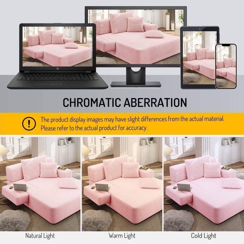 Luxurious Plush Corduroy Chaise Lounge Convertible Sofa Bed with Storage Pocket and Wide Armrests