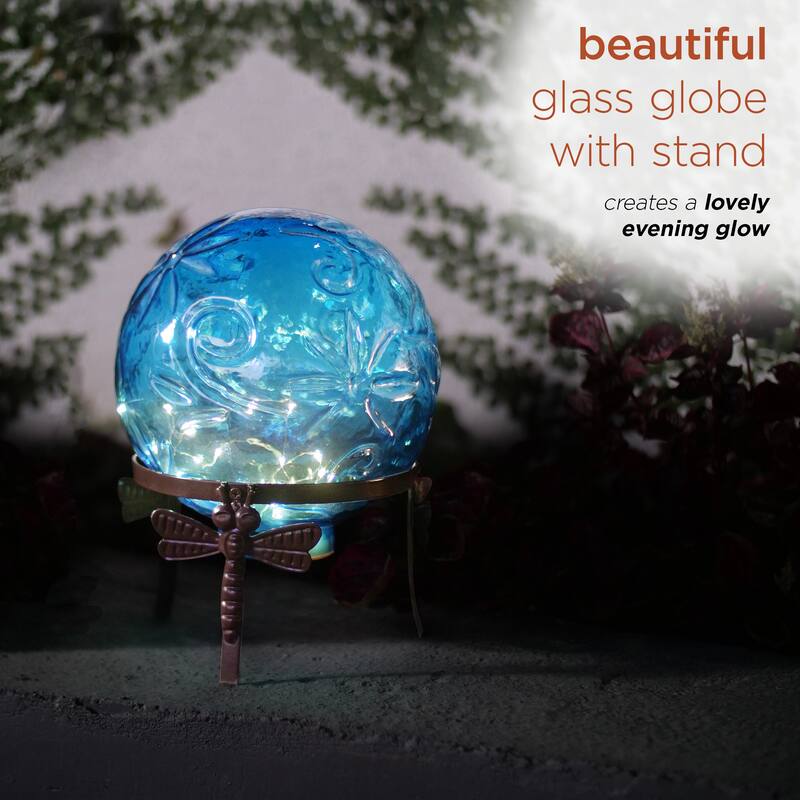Alpine Corporation 13" Tall Indoor/Outdoor Pearlized Blue Glass LED Gazing Globe with Stand