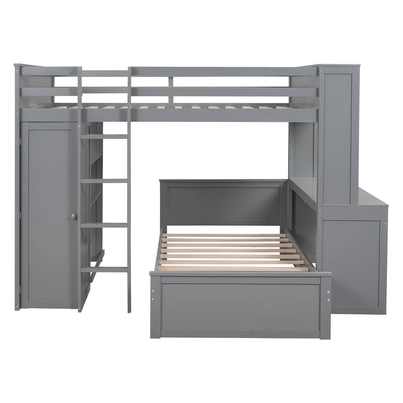 Full Size Loft Bed with Twin Bed, Shelves, Desk, and Wardrobe in Gray