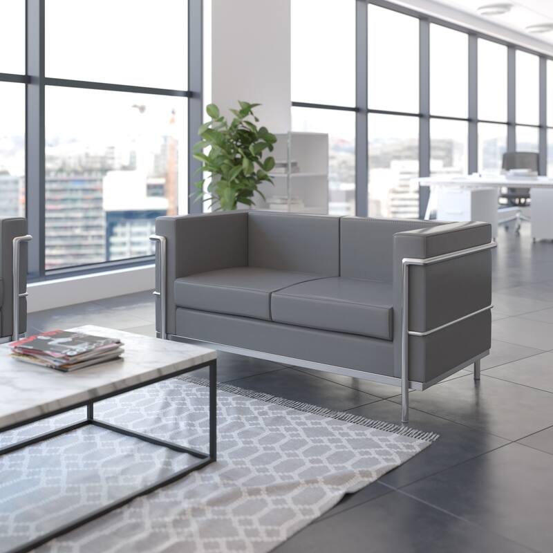 Contemporary LeatherSoft Loveseat with Double Bar Encasing Frame - Gray