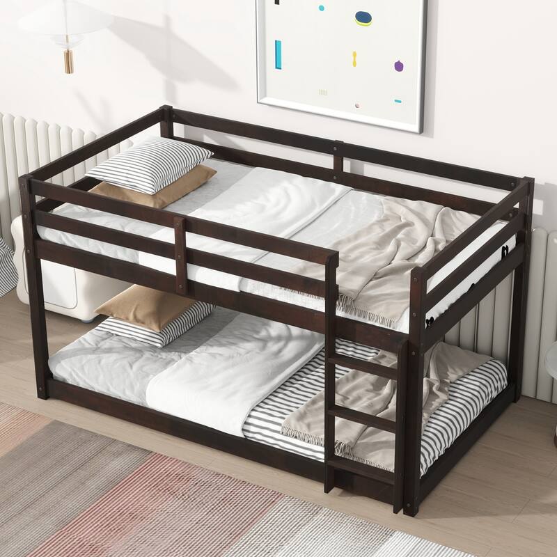 Wooden Twin over Twin Floor Bunk Bed with Ladder ,Upper and Bottom Bed Platforms