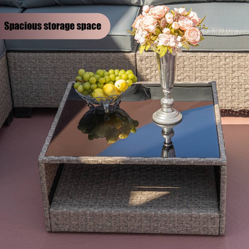 7-Piece Outdoor Modular Wicker Sectional Sofa Set with Glass-Top Coffee Table, Water-Resistant Cushions - Metal
