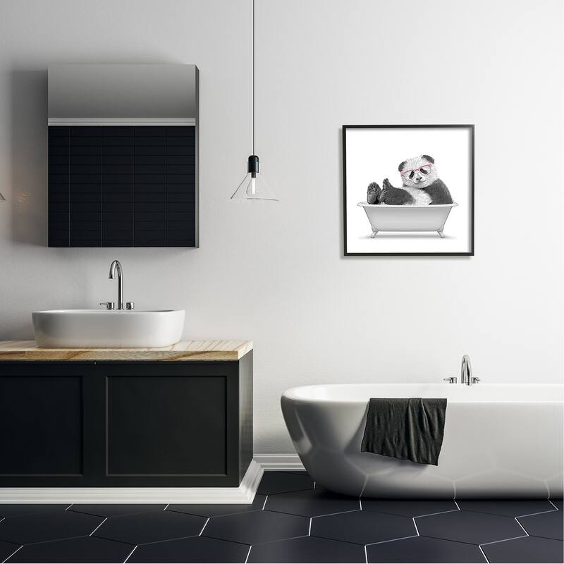Stupell Quirky Panda Bathtub Pink Glasses Minimal Design Framed Wall Art - Grey