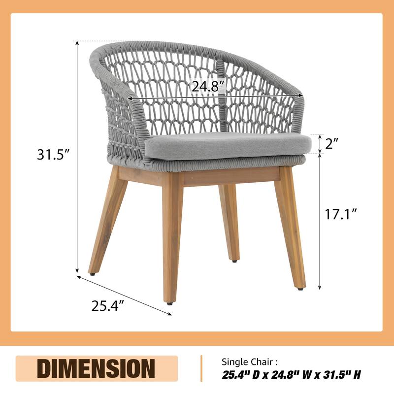 Outdoor Wooden Dining Table Set with 6 Woven Rope Chairs