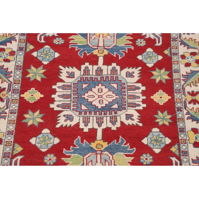 Traditional Kazak Foyer Rug Handmade Red Geometric Wool Carpet - 3'5" x 5'1"