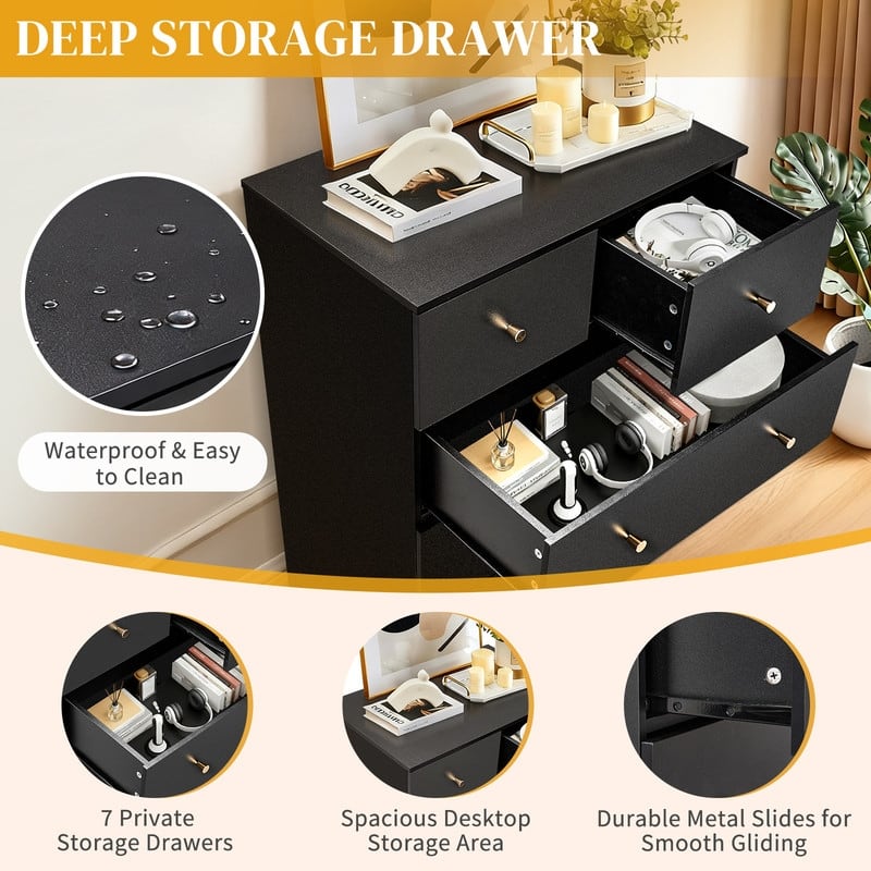 Large 7-Drawer Dresser For Bedroom And Chest Of Drawers With Sturdy Construction Wood Storage Organizer For Closet
